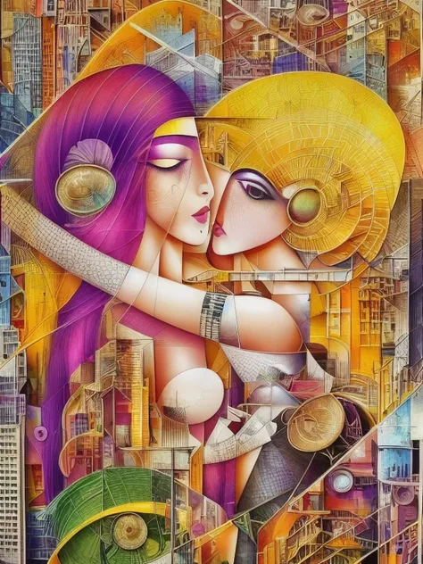 clayitization mixed media collage by Hannah H�ch, bright colors, oversaturated, cars traffic, smoke, industrial decay, fascination, mushrooms, trees growing, lust, nude, lavender, smiling, happy, excited, dadaist movement, large breasts, private collection, cinema4d, award winning painting, avant garde, excessive complexity, ornate lace, netting, paper shreds, torn cardboard, clippings, 8k, ((Fibonacci)), urban, retroscifi, ((perfect eyeliner)), experimental, on canvas, a woman and a man reach for each other in the distance, embrace, sexual, ambient occlusion render, camp, medusa, cyberpunk, 3d, ray tracing, three point lights, cinematic lighting, moonlight, hdrp, tall buildings, wind, stars, nebula, depth, low cut dress, elaborate, gaussian filter, intricate, noir, ornate, alluring, sexy, beautiful