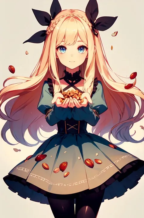 ultra detailed, masterpiece, best quality, solo, soft smile, light smile,
1girl, blue eyes, very long hair, blonde hair, long blonde hair, french braid, bangs, medium breasts,
hair ribbon, frilled choker, criss-cross halter, sleeveless dress, high-waist skirt, backless dress, waist bow, detached sleeves, frilled sleeves, wide sleeves, pantyhose, patterned legwear, mary janes, <lora:cupped_hands:0.85> cupped hands, nuts on her palms, <lora:nut-14:1> nut,