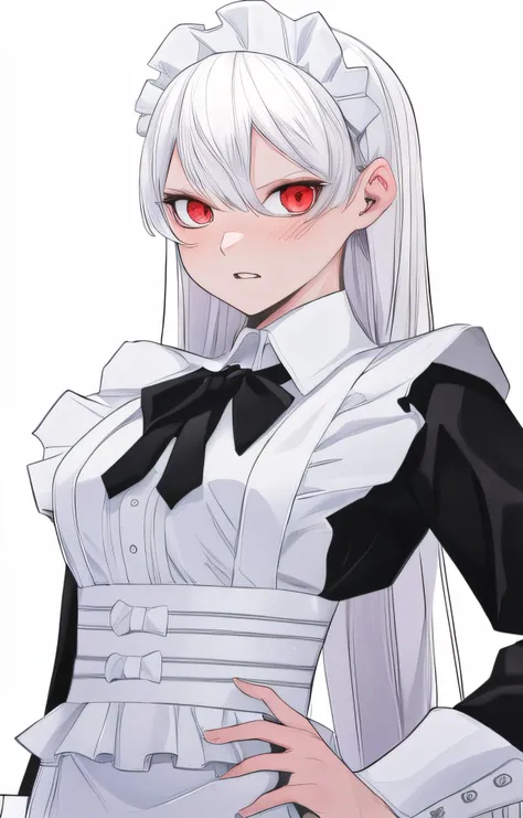 1girl,solo,long hair,maid,maid headdress,apron,hand on hip,looking at viewer,parted lips,maid apron,bow,white background,fingernails,simple background,long sleeves,blush,hair between eyes,black bowtie,white belt,
white belt knots,
red eyes,white hair,blush,angry,((long eyelash)),
((simple background)),white background,
<lora:çº¿ç¨¿-èªå¨ä¸è²_v9:1>,