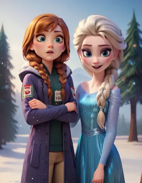 score_9, score_8_up, score_7_up, score_6_up, score_5_up, score_4_up, 2girls, outdoors, snow, pine trees, <lora:disney3d-ponyxl:0.45>
BREAK
anna, purple snow coat, hood, fur, arms crossed, parted lips, standing
BREAK
elsa, blue dress, smile, standing