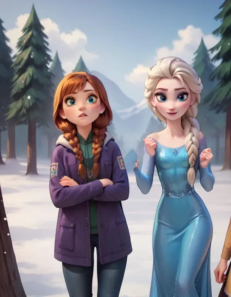 score_9, score_8_up, score_7_up, score_6_up, score_5_up, score_4_up, 2girls, outdoors, snow, pine trees, <lora:disney3d-ponyxl:0.4>
BREAK
anna, purple snow coat, hood, fur, arms crossed, parted lips, standing
BREAK
elsa, blue dress, smile, standing