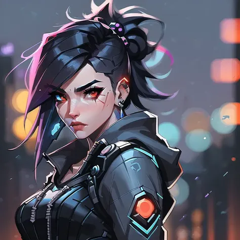 Beautiful woman, overwatch Joemadureira style, cyberpunk hoodie, red eyes, hotgoth by Loish and Ross Tran, (((red and blue, night scene, bokeh)))