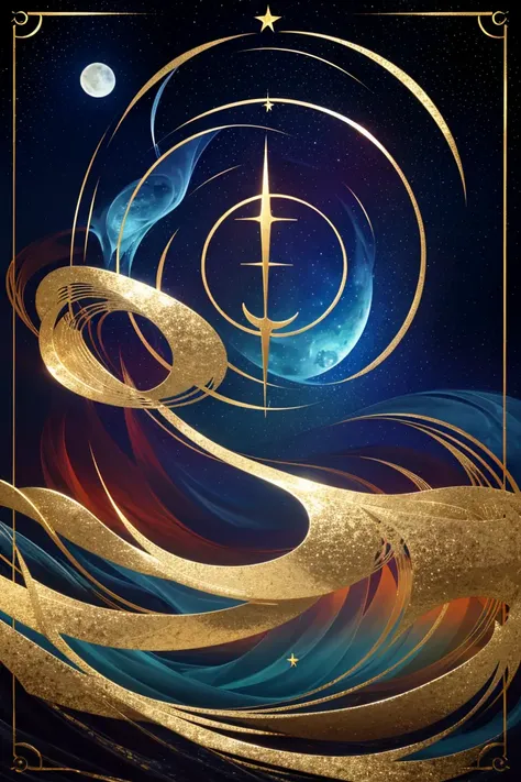 Abstract tarot with gold border, elvish script, water waves and flowing winds, stars and moon in sky, by Dominikmayer <lora:dominikmayerimproved:0.3>, [night:shimmers:dawn , .1,.4:bezier] <lora:epiNoiseoffset_v2:0.3>