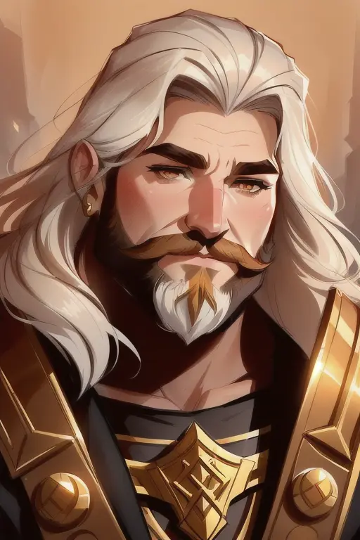 Dwarven captain of the guard, ((1boy)), ((highres)), abstract, tarot card, gold hair, gold eyes, elegant splendor jewels, by Loish Royo Ross Tran