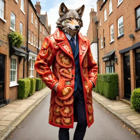 masterpiece, best quality, wolf wearing tmts coat, outdoor, UK residential street <lora:tmts:0.7>