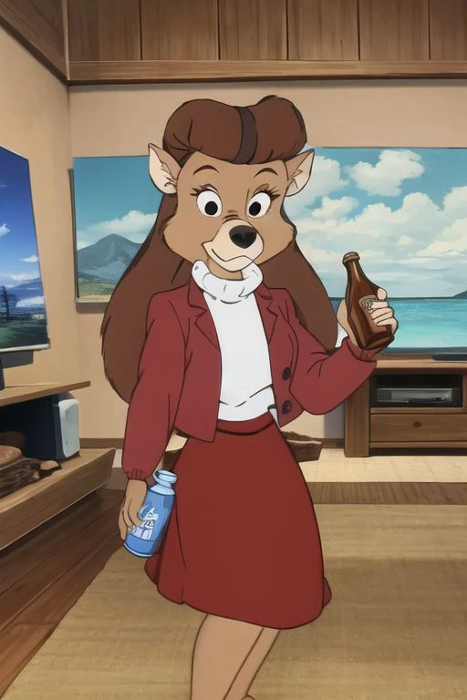 ARTSTYLE_Talespin_ownwaifu, 
1girl, brown hair, furry female, long hair, white shirt, animal ears, body fur, red skirt, red jacket, brown fur, long sleeves, black eyes, animal nose, breasts, medium breasts, massive thighs, big ass, barefoot, living room, retro style, holding a bottle of beer, thick outlines
<lora:ARTSTYLE_Talespin_ownwaifu:0.9>,
((masterpiece)),((best quality)), focused, looking at viewer, solo, cowboy shot,