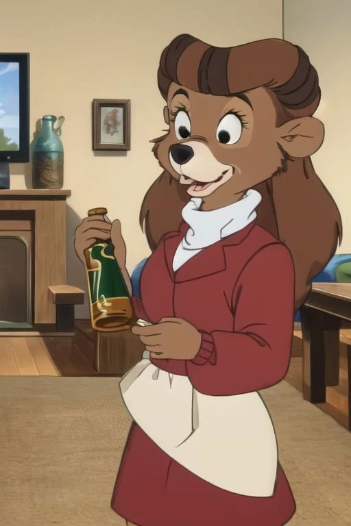 ARTSTYLE_Talespin_ownwaifu, 
1girl, brown hair, furry female, long hair, white shirt, animal ears, body fur, red skirt, red jacket, brown fur, long sleeves, black eyes, animal nose, breasts, medium breasts, massive thighs, big ass, barefoot, living room, retro style, holding a bottle of beer, thick outlines
<lora:ARTSTYLE_Talespin_ownwaifu:0.9>,
((masterpiece)),((best quality)), focused, looking at viewer, solo, cowboy shot,