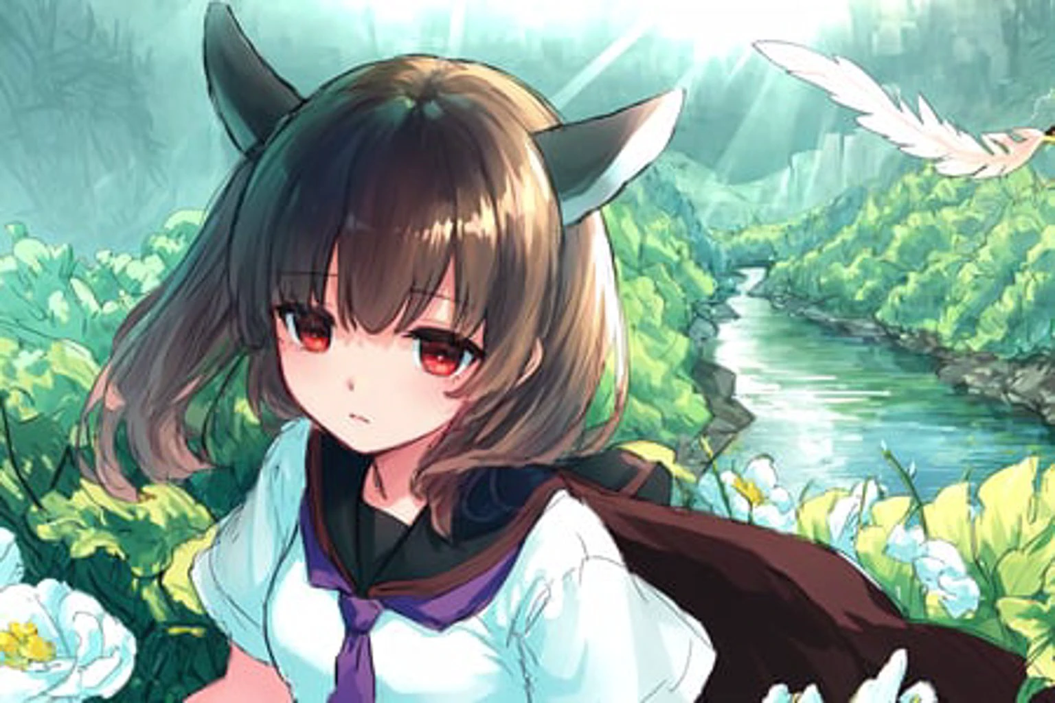 (extremely detailed CG unity 8k wallpaper),(((masterpiece))), (((best quality))), ((ultra-detailed)), (best illustration),(best shadow), ((an extremely delicate and beautiful)),dynamic angle,floating,
1girl,full body portrait,headgear, solo,claw pose, brown hair, red eyes, expressionless, empty eyes,dead eyes, black eyes, (small_breasts),black gloves,school uniform, (white necktie), (crop top overhang and low-neck:0.7),
mist encircles the mountains,fairyland,dynamic angle,classic,(detailed light),feather, nature, (sunlight), river, forest,flowers,beautiful and delicate water,(painting),(sketch),(bloom),(shine)
<lora:kiritan:1:MIDD>
