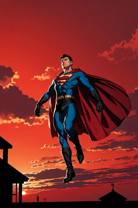 <lora:AlexRossstyleV2:1> AlexRossstyle, solo, black hair, gloves, 1boy, full body, male focus, boots, sky, cloud, cape, sunset, red theme, superhero, red sky, flying