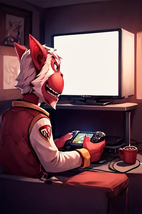 <lora:Andrew_Oikonny:1> andrew oikonny, gaming, tv screen, CRT, nintendo, source_anime, source_furry, score_9, score_8_up, score_7_up, score_6_up,