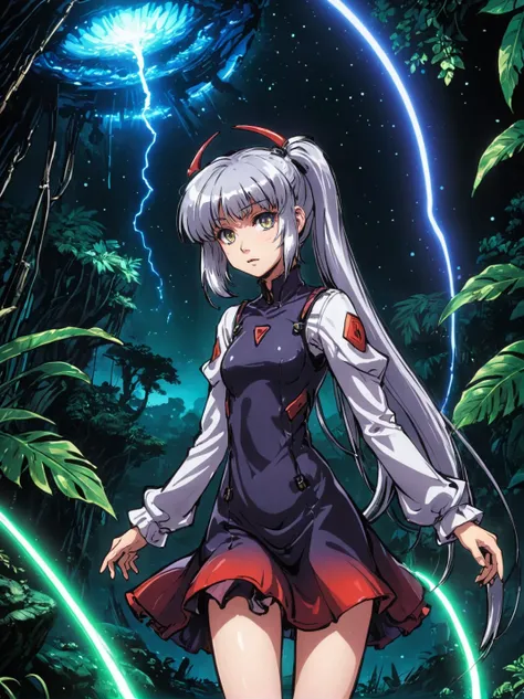 artwork by tokiame,  blunt bangs, high ponytail, silver hair, pointy ears, in the depths of a bioluminescent alien jungle, [evangelion:cyberpunk edgerunners:0.5], reflective transparent iridescent opaque clothing, long sleeves, flowing dress, long skirt, very aesthetic, highres, 4k, 8k, intricate detail, cinematic lighting, amazing quality, amazing shading, detailed Illustration, official artwork, wallpaper, official art, extremely detailed eyes and face, beautiful detailed eyes, from below, full body, thigh gap, , masterpiece, best quality <lora:tokiame_xl_v1:1>