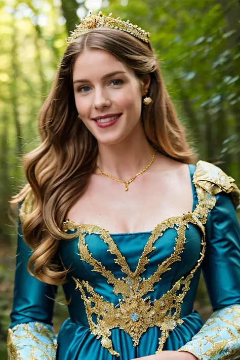 Professional photograph of <lora:EmilyRickards-RealVision-V1.0:1> ebr, she's got long blonde hair, she's facing the viewer, she's wearing a princess' forest, blue dress with golden details, highly detailed dress, puffy sleeves, jewelry, she's a medieval fantasy magical princess, cleavage, she has long loose hair, blue eyes, pink lipstick, soft makeup. She's smiling at the viewer, gently. Fit body, small chest. She's in a magical forest, green trees, ethereal, animals in the background <lora:picxer_realdetailer:1> <lora:MedievalFashion:1> medfa