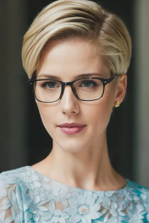 photoshoot of ebr, (blonde hair), (pixie cut),wearing glasses , detailed skin texture, (blush:0.2), (goosebumps:0.3), (light blue dress), subsurface scattering, Photorealistic, Hyperrealistic, Hyperdetailed, analog style, hip cocked, demure, detailed skin, matte skin, soft lighting, subsurface scattering, realistic, heavy shadow, masterpiece, best quality, ultra realistic, 8k, golden ratio, Intricate, High Detail, film photography, soft focus,<lyco:EmilyRickards-RealVision-V1.0:1.0>
