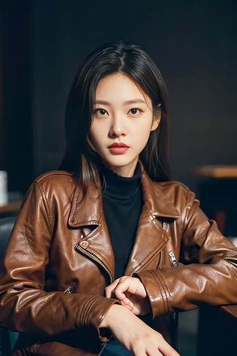 Best quality, masterpiece, ultra high res, (photorealistic:1.4), raw photo, close up, in coffeeshop, deep shadow, dark theme, sitting down, long hair, leather jacket, <lora:R0nSa3:1>