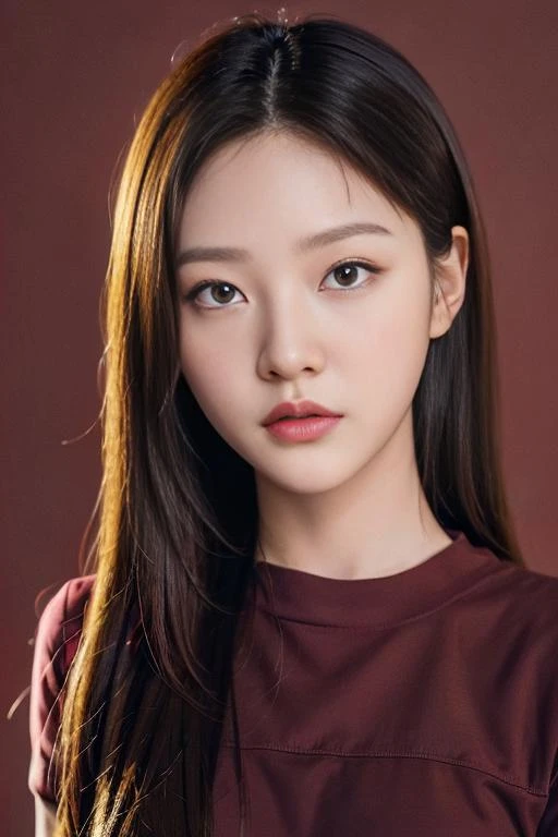 (best quality,masterpiece:1.2),8k,ultra high res,ultra detailed,best quality,looking at viewer,perfect lighting,flat light,ultra high quality,ultra high res,masterpiece,photorealistic,detailed face,(simple background),(maroon background), <lora:R0nSa3:1>