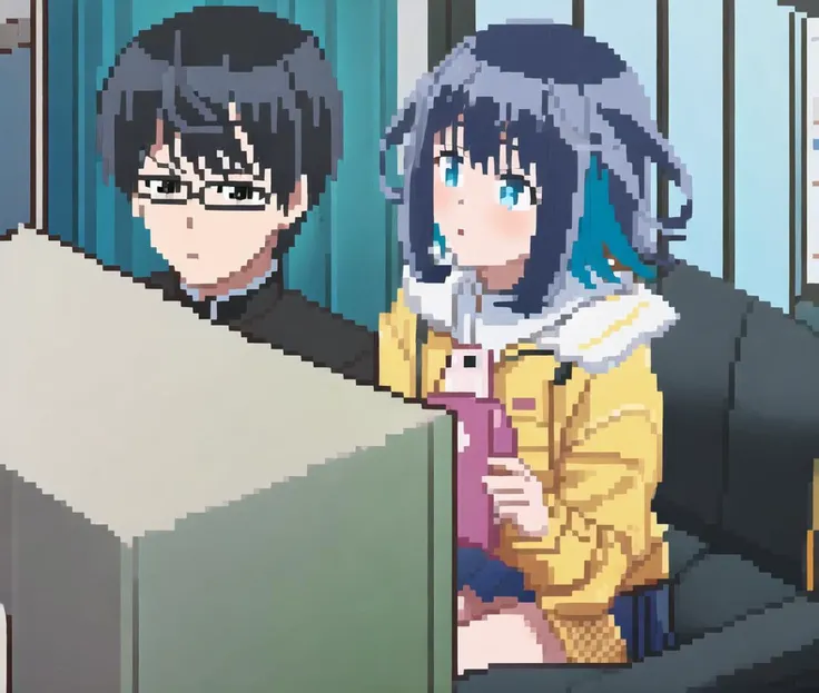 1boy, 1girl, indoors, office, pixelart, looking at another, 
ADDCOMM, 
(Mamoru glasses:1.2), 1boy, hand on keyboard, gakuran, 
ADDCOL, 
pc-98 (computer), 
ADDCOL, 
Konoha, yellow jacket, coat, pleated skirt, closed mouth, sitting, 
<lora:16bit_EP01to06-loha-bundle-18000:1:1>, <lora:64x64v3:0.8>