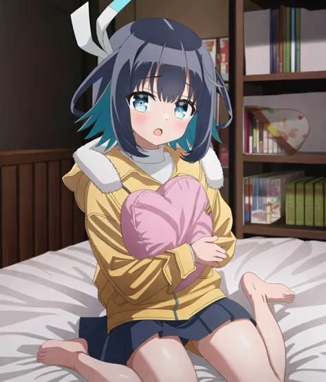 Konoha, yellow jacket, coat, pleated skirt, (w-sitting:1.2), wariza, :o,
solo, 1girl, indoors, on bed, beautiful eyes, looking at viewer, shelf, heart pillow, barefoot, insanely detailed, absurdres, ultra-highres, ultra-detailed
<lora:16bit_EP01to06-loha-bundle-18000:1:1>, <lora:GoodHands-vanilla:1>, <lora:hotarubreedAnimemix_v10:0.4>