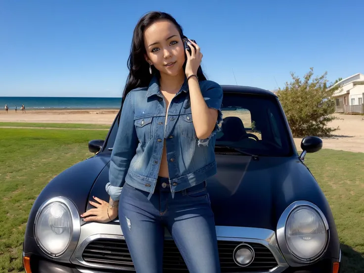 <lora:AmaiLiu_v1.0:.9> <lora:theovercomer8sContrastFix_sd15:1> <lora:zeekars:.2> zeekars, (to8contrast style), (AmaiLiu:1.2), woman, (posed in front of sleek car:1.2), An attractive female college student poses near her futuristic matte grey MINI Cooper S hardtop two door hatchback ((badass)) parked in a grassy lot. detailed face, a frayed denim jacket and ripped jeans as she stands confidently with one hand on the roof and the other holding her phone ready to take pictures. Trees surround them and provide shade from the afternoon sun. rule of thirds, beach vista