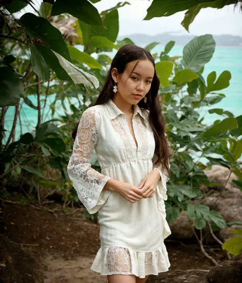 (Large format:1.3) photo of a beautiful <lora:AmaiLiu_v1.0:1> AmaiLiu woman, with
her tousled hair, (dressed in an intricately detailed
white Balmain linen dress
:1.2),
on a Thailand island, lush tropical fauna, clear azure waters fade to turquoise near the shore, gentle rolling surf backdrop, under overcast lighting, eye level, shot
on ARRI ALEXA 65 with ND filter, .
(in style of Tim Walker:1.2) , smirk (low neckline:-1)