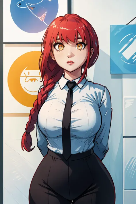 <lyco:Makima:1>, makimav1, white collared shirt, black pants, black necktie, wide hips, curvy, large breasts, arms behind back, ringed eyes, single braid, <lyco:DerpixonStyle:1.2>