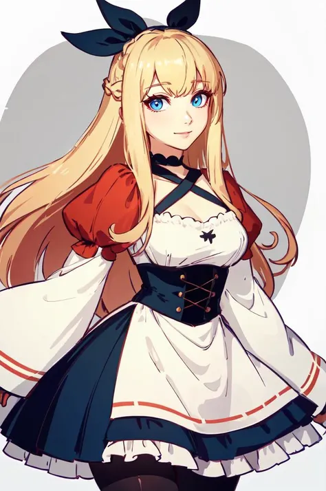 ultra detailed, masterpiece, best quality, solo, soft smile, light smile,
1girl, blue eyes, very long hair, blonde hair, long blonde hair, french braid, bangs, medium breasts,
hair ribbon, frilled choker, criss-cross halter, sleeveless dress, high-waist skirt, backless dress, waist bow, detached sleeves, frilled sleeves, wide sleeves, pantyhose, patterned legwear, mary janes, <lora:DerpixonStyle:1>