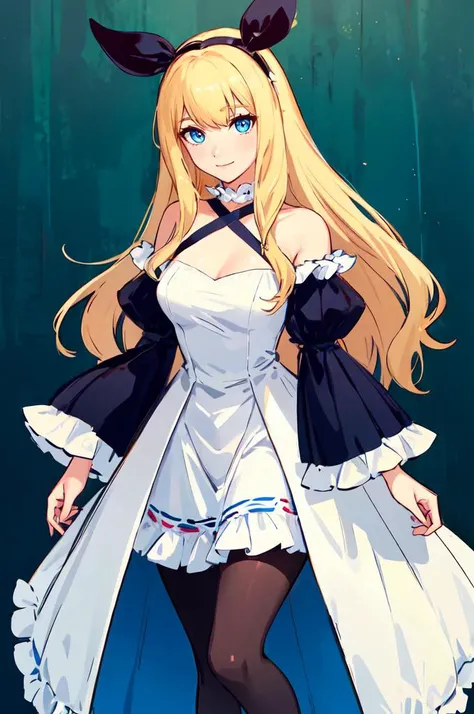 ultra detailed, masterpiece, best quality, solo, soft smile, light smile, white and blue theme,
1girl, blue eyes, very long hair, blonde hair, long blonde hair, french braid, bangs, medium breasts,
hair ribbon, frilled choker, criss-cross halter, sleeveless dress, high-waist skirt, backless dress, waist bow, detached sleeves, frilled sleeves, wide sleeves, pantyhose, patterned legwear, mary janes, <lora:DerpixonStyle:1>