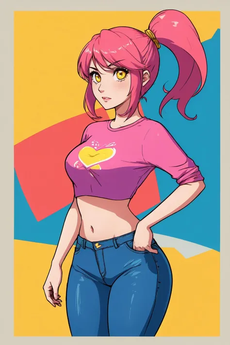 1girl, cowboy shot, pink hair, yellow eyes, ponytail, jeans, crop top, <lyco:DerpixonStyle:1>