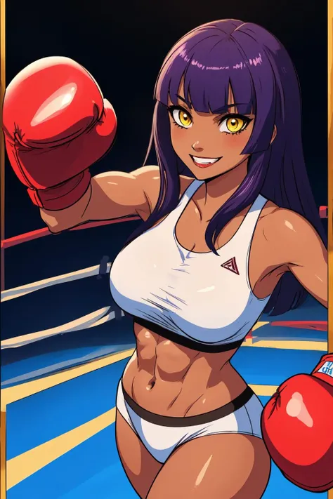 purple hair, long hair, blunt bangs, yellow eyes, red boxing gloves, abs, sports bra, large breasts, boxing ring background, (dark-skinned female, tan), 1girl, smile, <lyco:DerpixonStyle:1.2>