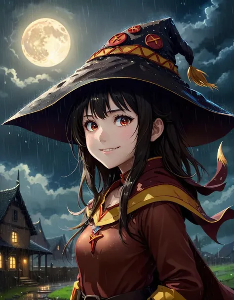 Abstract style 1girl megumin,    from the side, smiling , 
outside Romanesque School in Bog, Hurricane with rain Weather Moonlit sky at Witching hour
 <lora:MeguminXL_v2.5:1>, <lora:SDXL - Wrong:1>, ZIP2D . Non-representational, colors and shapes, expression of feelings, imaginative, highly detailed