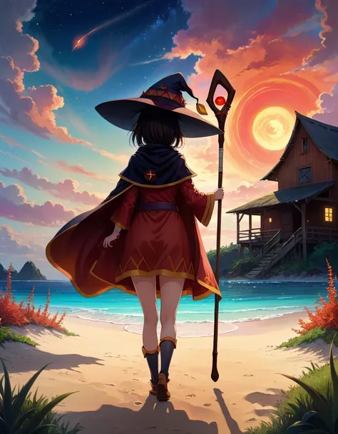 Color Field Painting 1girl megumin with witch hat and cape and one staff, from behind, smiling ,
outside Art Deco Barn in Coral Reef, Overcast sky Weather Infinite sky at Evening glow
<lora:MeguminXL_v2.5:1>, <lora:SDXL - Wrong:1>, ZIP2D , abstract, simple, geometic, color field painting style