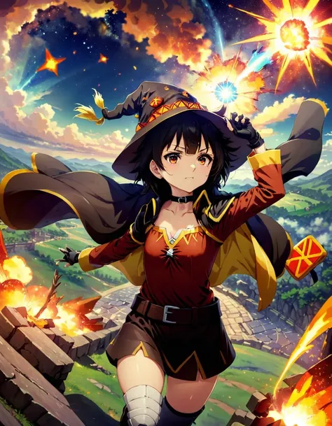 Tranquil Relaxing Atmosphere 1girl megumin from konosuba, cloack, smileyhat, explosion,
 <lora:MeguminXL:1>, <lora:SDXL - Wrong:1>, ZIP2D , calming style, soothing colors, peaceful, idealic, Tranquil Relaxing Atmosphere