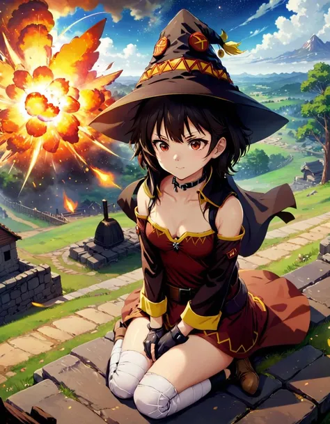 Tranquil Relaxing Atmosphere 1girl megumin from konosuba, cloack, smileyhat, explosion,
<lora:MeguminXL:1>, <lora:SDXL - Wrong:1>, ZIP2D , calming style, soothing colors, peaceful, idealic, Tranquil Relaxing Atmosphere