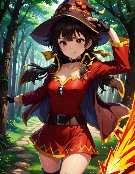 Megumin, red eyes, , normal hands, short hair, leg wrappings, dark hair, short hair, red clothes, staff, black panties, smug
