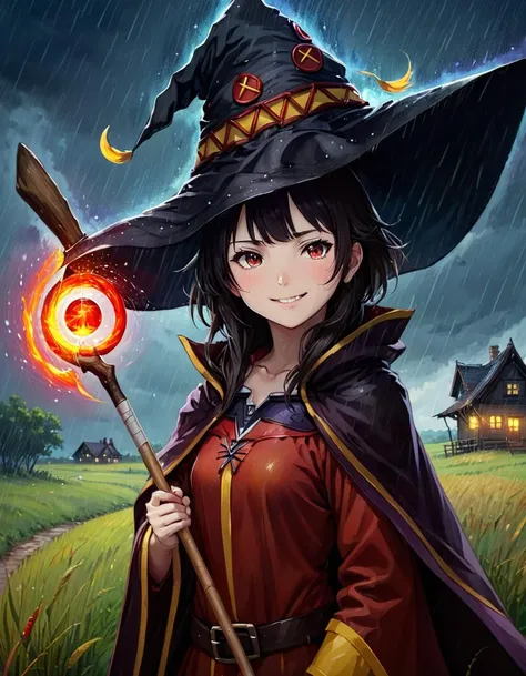 Color Field Painting 1girl megumin with witch hat and cape and one staff, from the side, smiling ,
inside Tudor House in Prairie, Hurricane with rain Weather Serene sky at Night
<lora:MeguminXL_v2.5:1>, <lora:SDXL - Wrong:1>, ZIP2D , abstract, simple, geometic, color field painting style