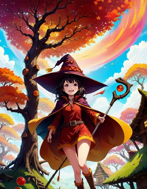 Color Field Painting 1girl megumin with witch hat and cape and one staff, from below, smiling ,
inside Treehouses Temple in Candyland, Windy and gusty Weather Boundless sky at Morning light
<lora:MeguminXL_v2.5:1>, <lora:SDXL - Wrong:1>, ZIP2D , abstract, simple, geometic, color field painting style