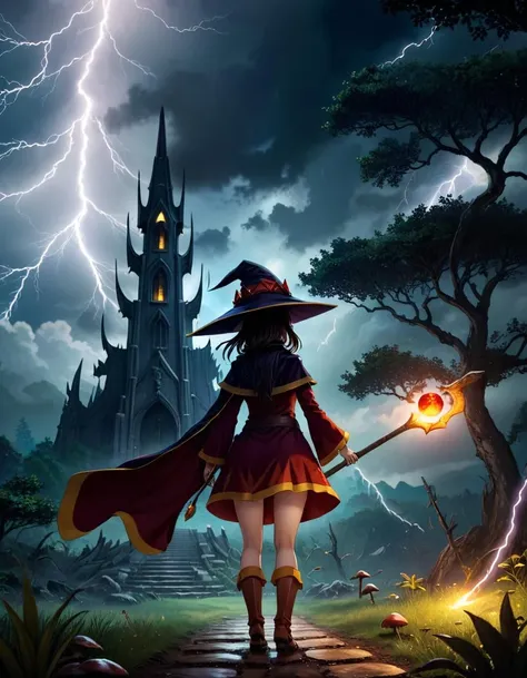 Strategy game style 1girl megumin, witch hat, cape, staff, from behind, facing away ,
outside Art Deco Cathedral in Mushroom Grove, Thunderstorm with lightning Weather Serene sky at Witching hour
<lora:MeguminXL_v2.5:1>, <lora:SDXL - Wrong:1>, ZIP2D . Overhead view, detailed map, units, reminiscent of real-time strategy video games