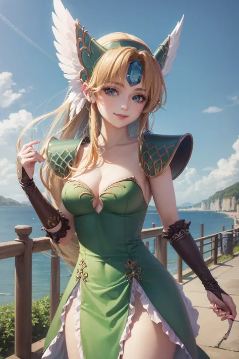(masterpiece, best quality:1.2), <lora:seikendensetsu3_riesz-09:1>, cowboy shot, solo, 1girl, riesz, smile, closed mouth, looking at viewer, hand on own face, low-tied long hair, winged helmet, dress, armor, shoulder armor, bridal gauntlets, cleavage