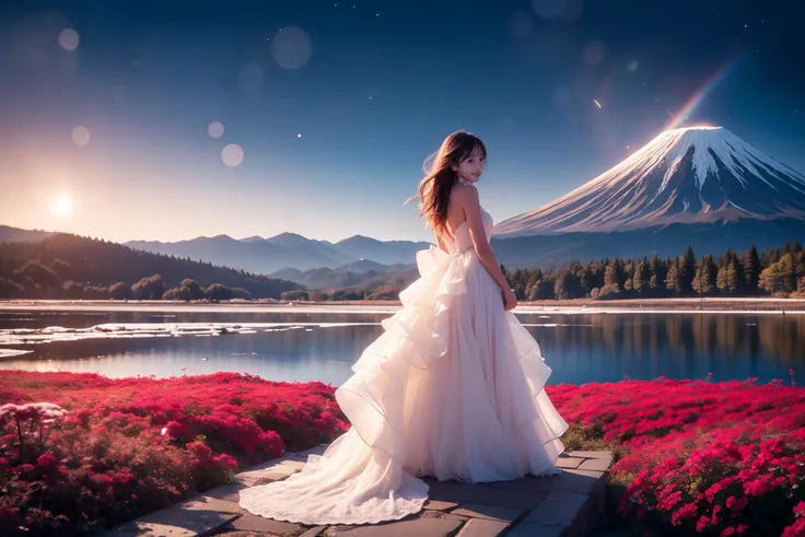lake,fujisan,fuji mountain,mountain,cinematic lighting,
rainbow,flowers,colorful bubble,snowflakes,halo,ice and snow,
BREAK
night sky,starry sky,meteor shower,moon,meteor,galaxy,hyper_galaxy,star_trail,universe,satellite,(dimly lit:1.8),
BREAK
pink,spring,sakura,sakura tree,cherry tree,cherry blossoms,glacier,(dimly lit:2),
BREAK
( hard light:1.5),(volumetric:1.5),well-lit,((white)),
3girls,front view,from front,lineup,standing,white wedding dress,necklace,earrings,flower crown,anklet,rainbow hair,(white skin,slim body),
<lora:glowingdust_20230806143817:0.2>,glowingdust,bokeh,<lora:yuzuv10:0.5>,[high heels],
BREAK
sunset,volcano,((red)),(dimly lit:1.4),surrealism,dream-like,<lora:BioluminescenceBeach:0.4>