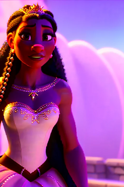 (modern disney style:1.1), ((Brandy Norwood as a princess)), ((((dark skin, nubian, ebony)))), crown, ((pink dress))