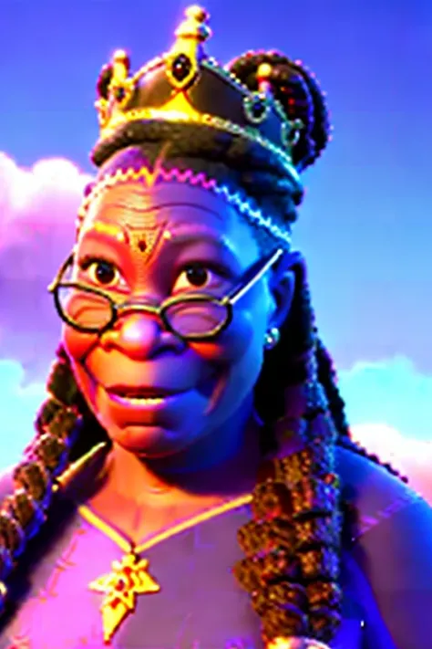 (modern disney style:1.25), ((Whoopi Goldberg as a princess)), ((((dark skin, nubian, ebony)))), crown, ((pink dress))
