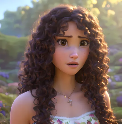 modern disney style, beautiful brunette with beautiful (curly hair), (portrait), daylight, (blurred background), WLOP, Rossdraws, ArtStation, CGSociety, concept art, cgsociety, octane render, trending on artstation, artstationHD, artstationHQ, unreal engine, 4k, 8k