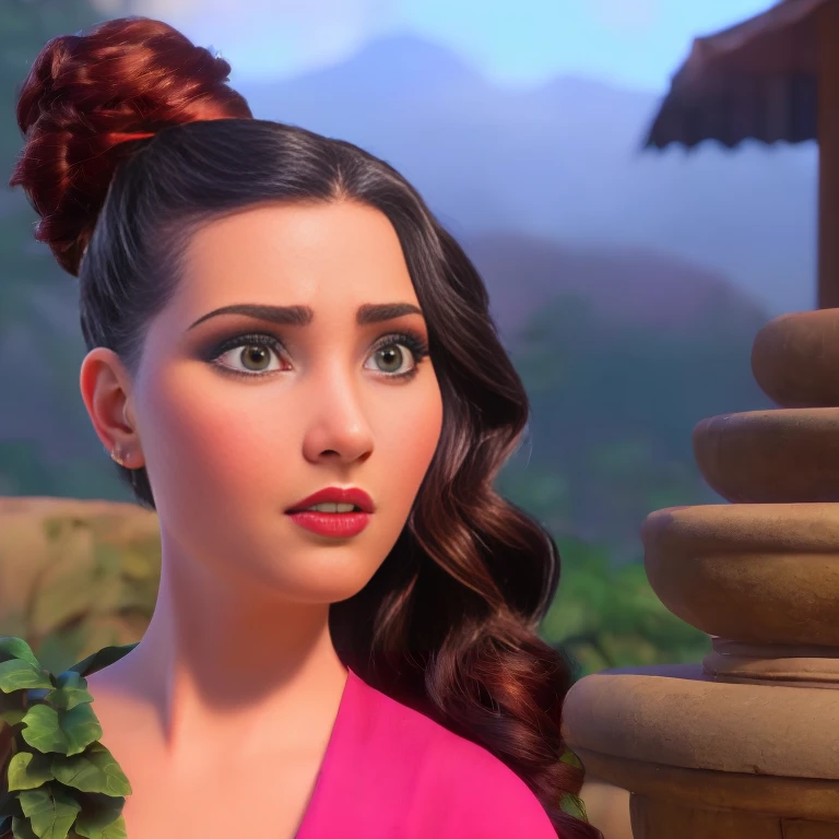 modern disney style Abigail from stardew valley, 3D Render, (Extremely Detailed CG Unity 8k Wallpaper:1.1), female, adult appearance, curvy body frame and weight, facial features (shapely eyes, beautiful face), black hair (floating, dark colors), hands holding drink, angry expression, slumped posture, neon lights (club, night), bar scene, dark color scheme, professional digital painting (super ultra realistic, photoshop + HD quality), graphic design, (Gil Elvgren:2, Paolo Sorrentino comic book art style), color field, digital painting (unreal engine 5 render, octane, redshift), volumetric lighting, subsurface scattering, Alphonse Mucha style, golden accents.