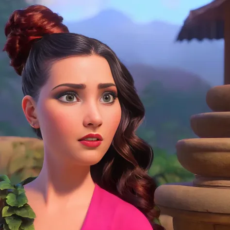 modern disney style Abigail from stardew valley, 3D Render, (Extremely Detailed CG Unity 8k Wallpaper:1.1), female, adult appearance, curvy body frame and weight, facial features (shapely eyes, beautiful face), black hair (floating, dark colors), hands holding drink, angry expression, slumped posture, neon lights (club, night), bar scene, dark color scheme, professional digital painting (super ultra realistic, photoshop + HD quality), graphic design, (Gil Elvgren:2, Paolo Sorrentino comic book art style), color field, digital painting (unreal engine 5 render, octane, redshift), volumetric lighting, subsurface scattering, Alphonse Mucha style, golden accents.