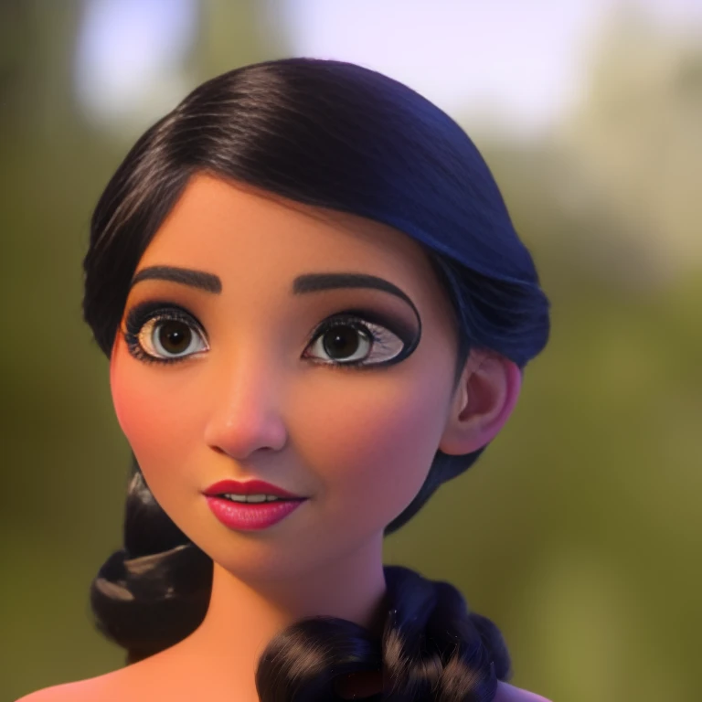 modern Disney style ,woman, petite body frame and weight, fair skin, average height, athletic body build, facial features (large blue eyes, rosy cheeks, full lips, no jewelry), red lipstick, natural makeup (rosy cheeks, defined lashes), black hair (long, curly, with bow), delicate earrings (gold, round), princess dress (yellow, full-skirted), glass slippers (clear, sparkling)