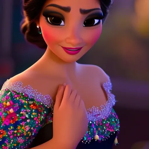 A beautiful picture of a Mexican Disney Princess, masterpiece, black dress, scene makeup