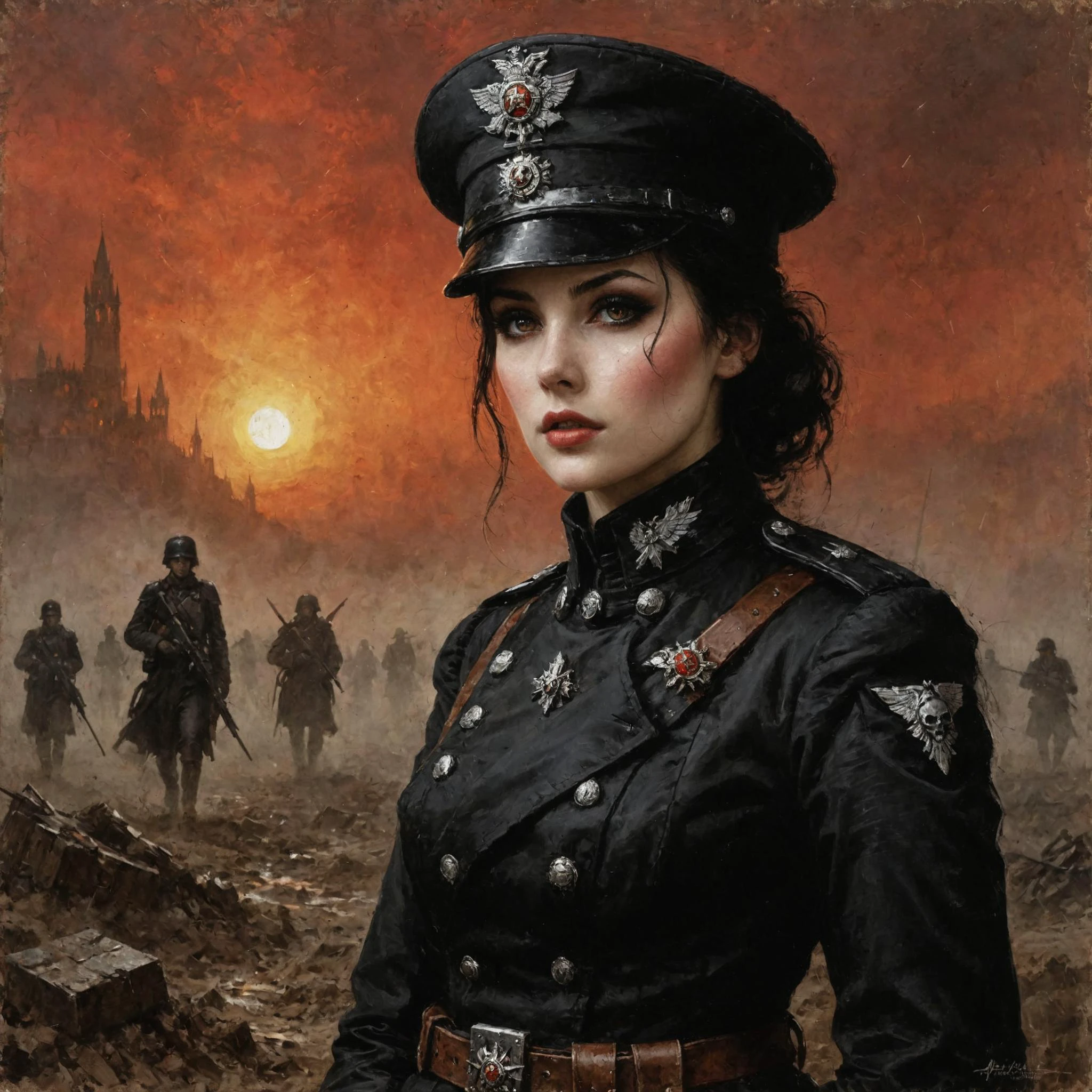 An digital illustration (portrait) drawing (warhammer 40k) warfare masterpiece with intricate details and the best quality art by, (Dorian Cleavenger) (Hans Larwin) and (luis royo) a young attractive single person (1girl) alone (officer) (woman) with black hair (rosy red cheeks) full lips, piercing gaze, black eyeliner, small delicate nose, flushed blush, in the traditional short uniform, in trench, marching (alone:1.2) on a vast world war (year 1914) battlfield, late sunset, red-orange sky, broken ammo crates, muddy ground, crater, <lora:add_detail:0.8> <lora:LaxpeintXL-2.0:0.4> <lora:Desolation:0.5> <lora:Death-Korps:0.5>