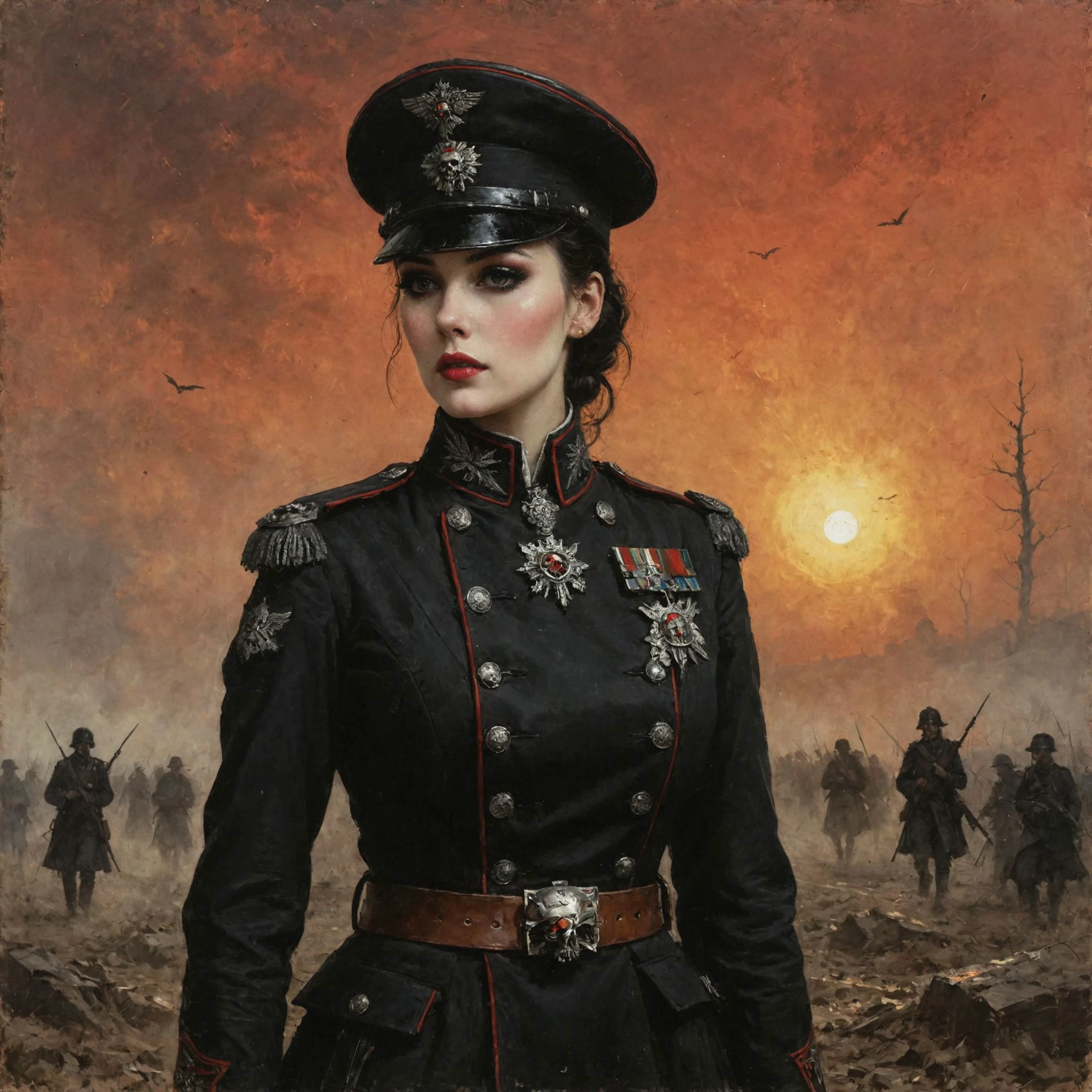 An digital illustration (portrait:1.5) drawing (warhammer 40k) warfare masterpiece with intricate details and the best quality art by, (Dorian Cleavenger) (Hans Larwin) and (luis royo) a young attractive single person (1girl) alone (officer) prussian hussar (woman) with black hair (rosy red cheeks) full lips, pale skin, piercing gaze, black eyeliner, small delicate nose, flushed blush, in the traditional short uniform decorated with skull emblem, in trench, marching (alone:1.2) on a vast world war (year 1914) battlfield, late sunset, red-orange sky, broken ammo crates, muddy ground, crater, <lora:add_detail:0.8> <lora:LaxpeintXL-2.0:0.4> <lora:Desolation:0.5> <lora:Death-Korps:0.5>
