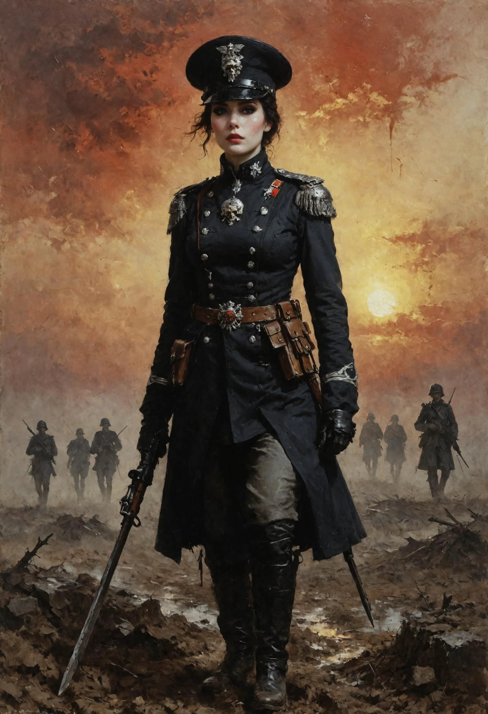 An digital illustration (portrait:1.5) drawing (warhammer 40k) warfare masterpiece with intricate details and the best quality art by, (Dorian Cleavenger) (Hans Larwin) and (luis royo) a young attractive single person (1girl) alone (officer) prussian hussar (woman) with black hair (rosy red cheeks), noble face, full lips, pale skin, piercing gaze, black eyeliner, small delicate nose, flushed blush, in the traditional short uniform decorated with skull emblem, in trench, marching (alone:1.2) on a vast world war (year 1914) battlfield, late sunset, red-orange sky, broken ammo crates, muddy ground, crater, <lora:add_detail:0.8> <lora:LaxpeintXL-2.0:0.4> <lora:Desolation:0.5> <lora:Death-Korps:0.5> <lora:Concept Art Twilight Style SDXL_LoRA_Pony Diffusion V6 XL:1>