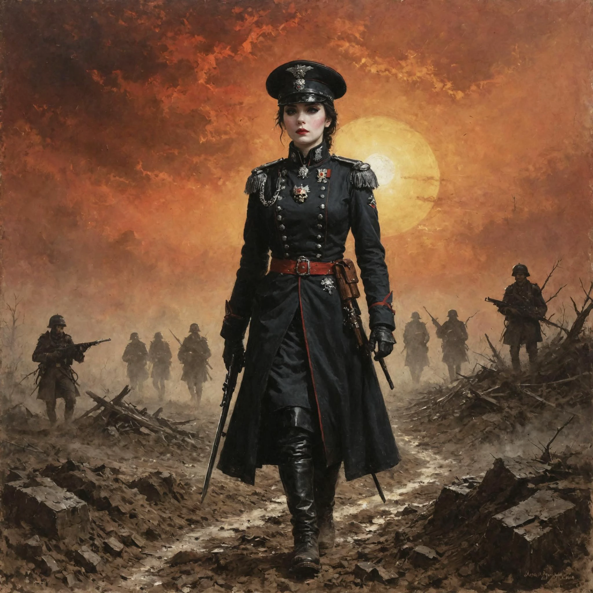 An digital illustration (portrait:1.5) drawing (warhammer 40k) warfare masterpiece with intricate details and the best quality art by, (Dorian Cleavenger) (Hans Larwin) and (luis royo) a young attractive single person (1girl) alone (officer) prussian hussar (woman) with black hair (rosy red cheeks) full lips, pale skin, piercing gaze, black eyeliner, small delicate nose, flushed blush, in the traditional short uniform decorated with skull emblem, in trench, marching (alone:1.2) on a vast world war (year 1914) battlfield, late sunset, red-orange sky, broken ammo crates, muddy ground, crater, <lora:add_detail:0.8> <lora:LaxpeintXL-2.0:0.4> <lora:Desolation:0.5> <lora:Death-Korps:0.5>