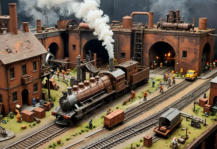 (vintage O scale brown model train) with metal body, clockwork mechanism, articulated joints, miniature figures, crossing through  a gritty industrial diorama, showcasing smokestacks, a steel mill, welders at work, sparking machinery,  ,Masterpiece,best quality, photo, realistic, very aesthetic,